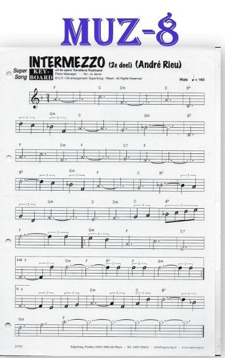 Muz8 bladmuziek super song - Intermezzo ., Muziek en Instrumenten, Orgel, Gebruikt, Klassiek, Ophalen of Verzenden