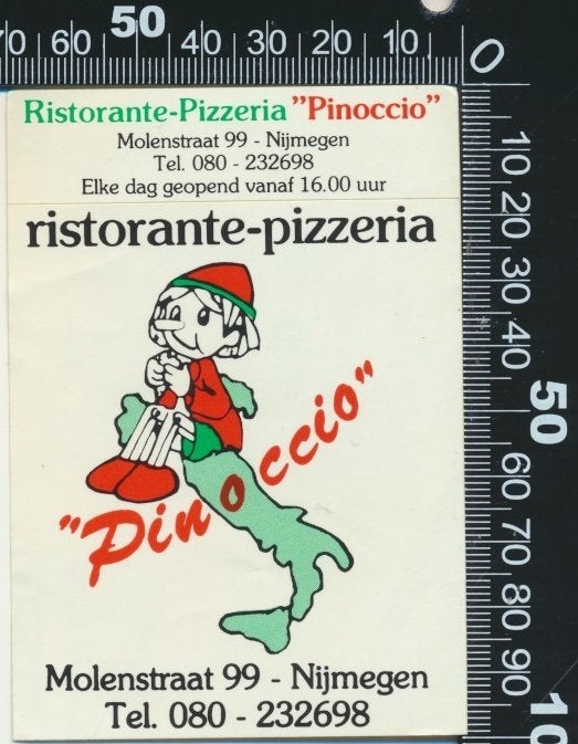 Sticker: Pinoccio Restaurant en Pizzeria - Nijmegen, Ophalen of Verzenden, Zo goed als nieuw, Bedrijf of Vereniging