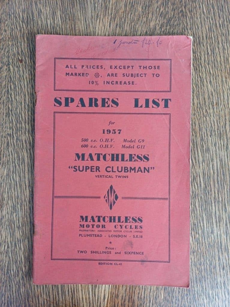 Matchless G9 + G11 1957 Spares List Parts List, Ophalen of Verzenden, Overige merken