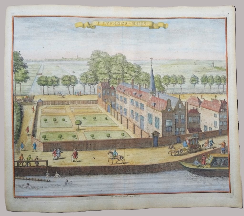 (ca. 1730) ’t Leprooshuis, Den Haag – Reinier Boitet, Antiek en Kunst, Kunst | Etsen en Gravures, Verzenden, Stadsgezicht, Handgekleurd