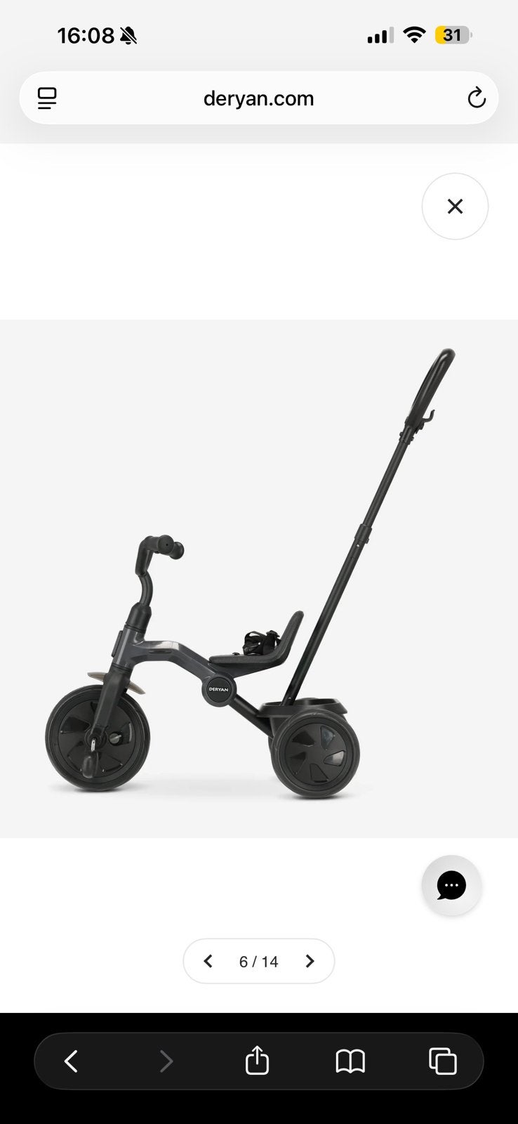 Deryan tricycle zwart, Ophalen, Nieuw, Terugtraprem, Duwstang