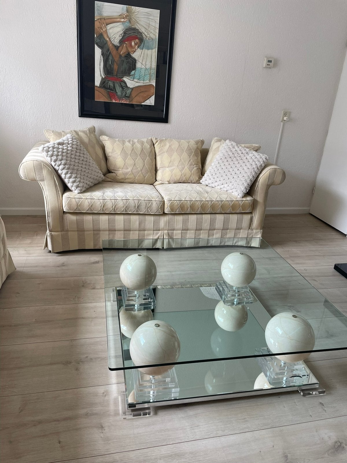 Glazen salon tafel Mykonos met Siena marmer 110x110x34, Ophalen, Zo goed als nieuw, Chique