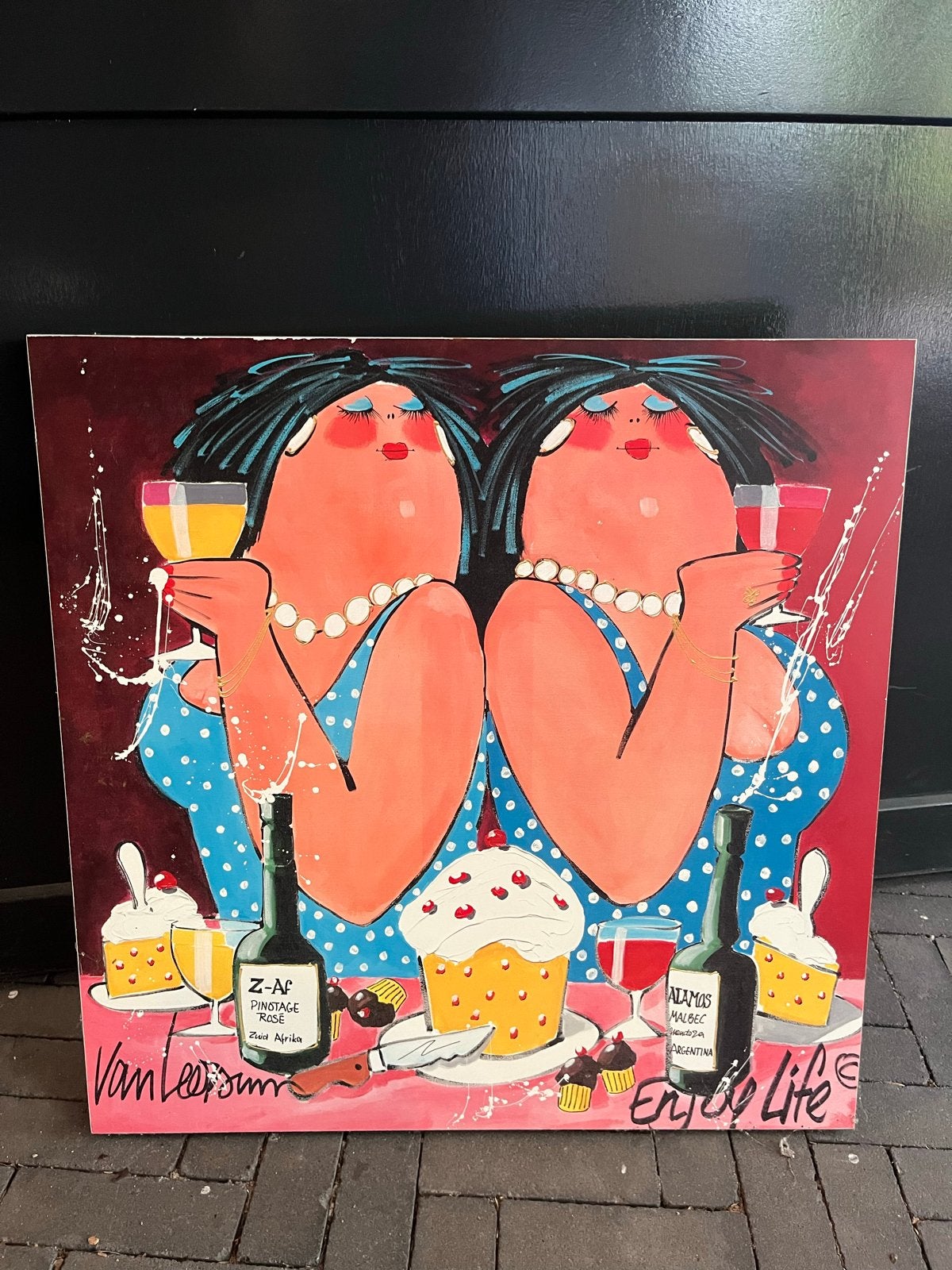 Vrolijk schilderij 'Enjoy Life' van Van Leersum, 70x70 cm, Ophalen, Portret of Personen, Gesigneerd, Olieverf