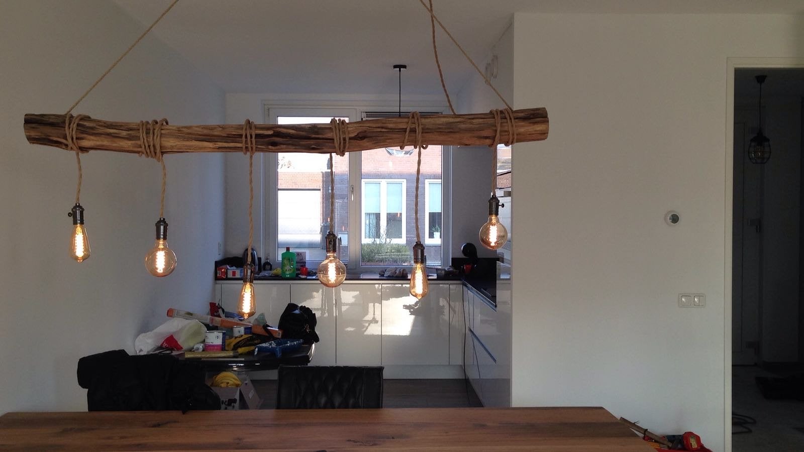 Unieke houten hanglamp met touw, Ophalen, Zo goed als nieuw, Hout