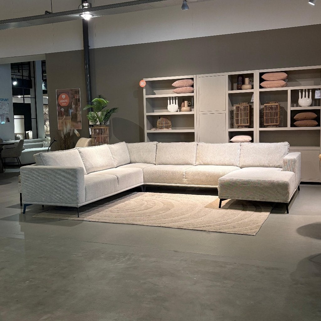 Grote luxe lounge hoekbank u opstelling beige 352x295cm, Ophalen, Zo goed als nieuw, Stof, Japandi, hotel chique