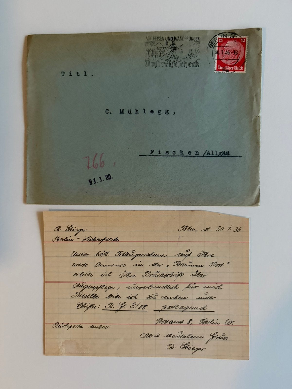 Duits briefje met bestelling 1936, Ophalen of Verzenden, Briefkaart