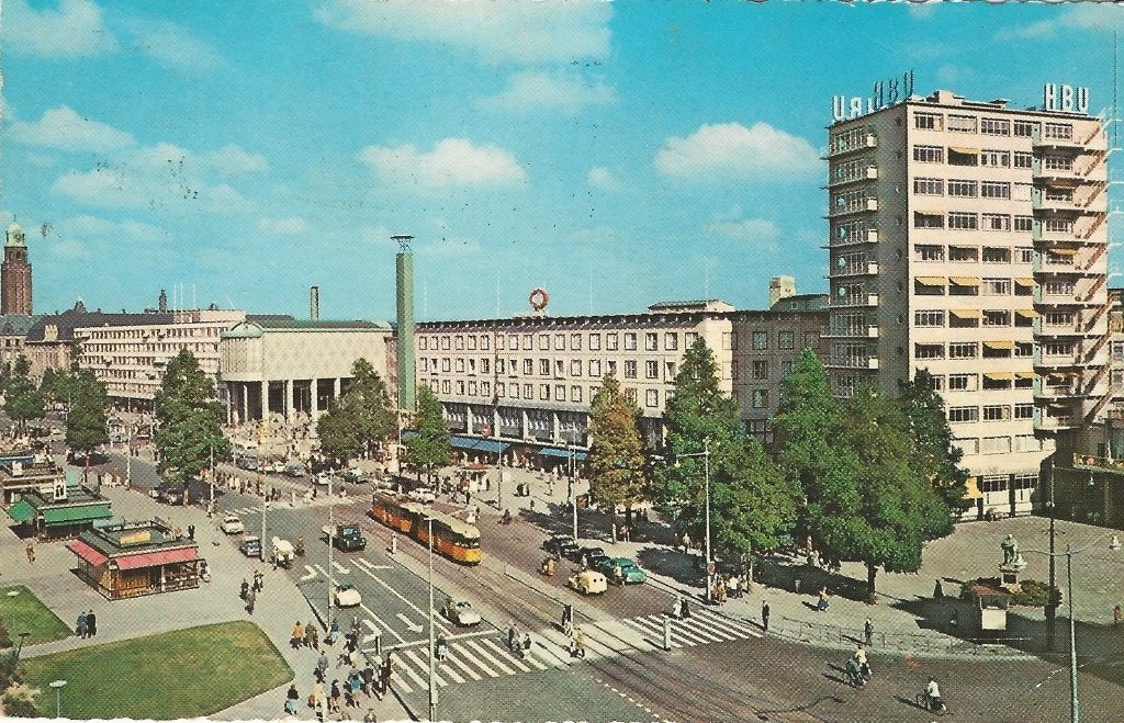 AK Rotterdam Coolsingel Boulevard tram kiosk VW Morris HBU, Ophalen of Verzenden, 1960 tot 1980, Gelopen, Zuid-Holland