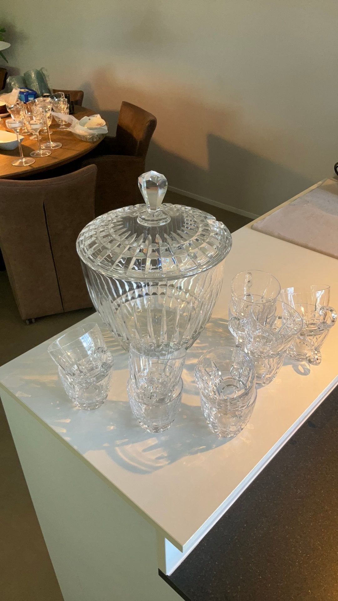 Bowlkom met 12 glazen kristal/glas, Antiek en Kunst, Ophalen