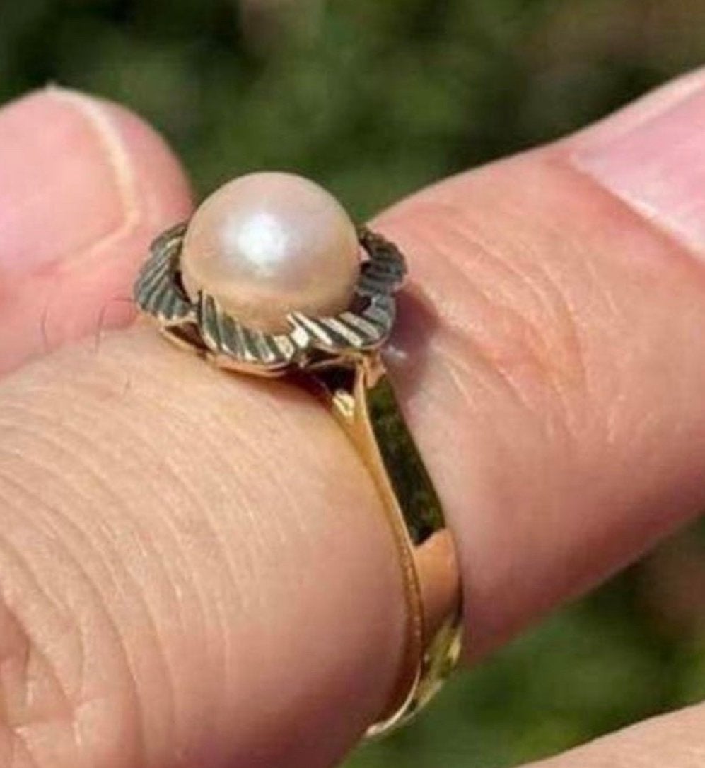 14 karaat gouden vintage ring met natuurlijke parel!, Ophalen of Verzenden, 17 tot 18, Dame, Goud