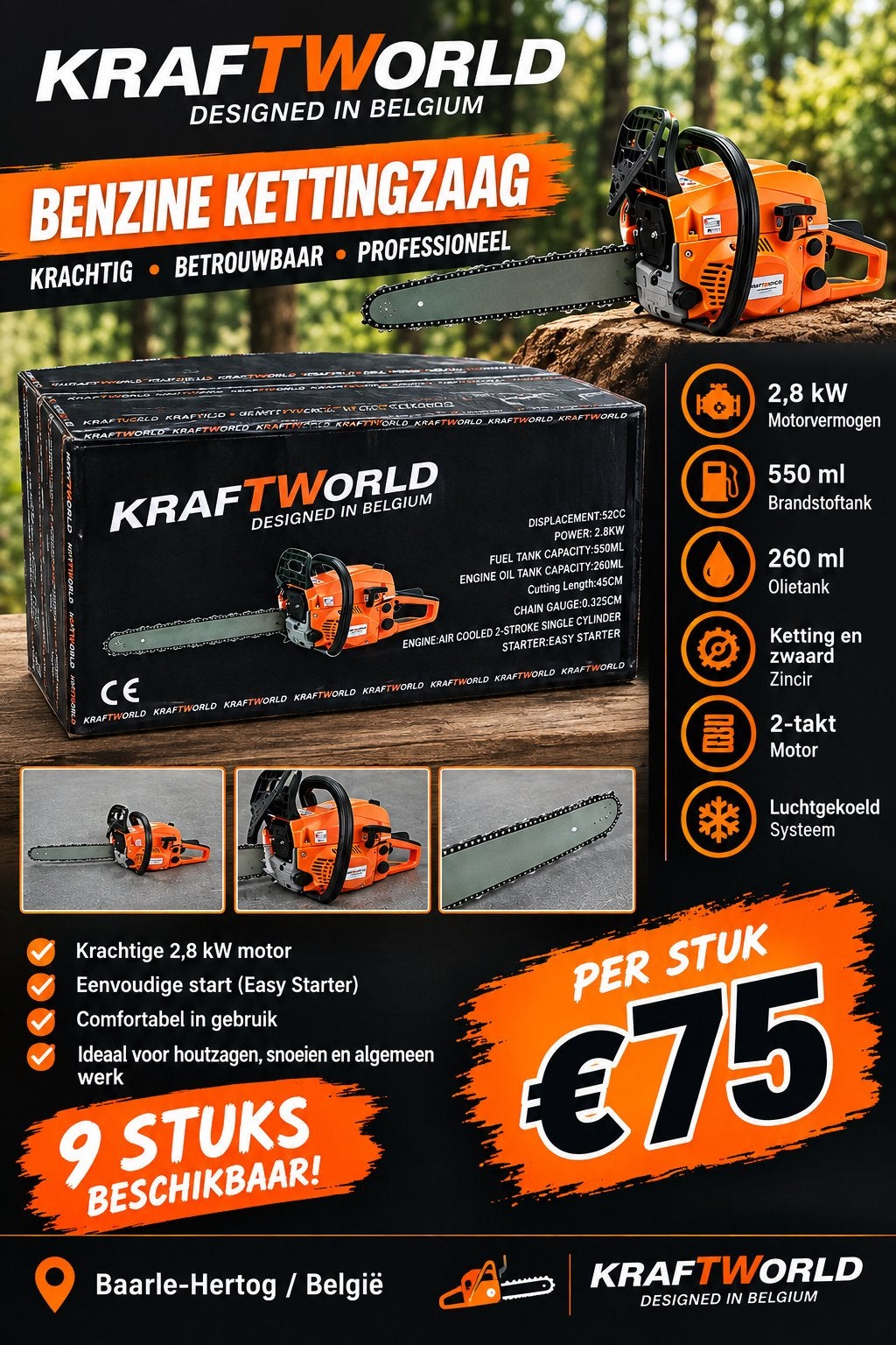 KRAFTWORLD Kettingzaag 2.6kW - Nieuw in doos, Ophalen, 70 mm of meer, Kettingzaag, Nieuw