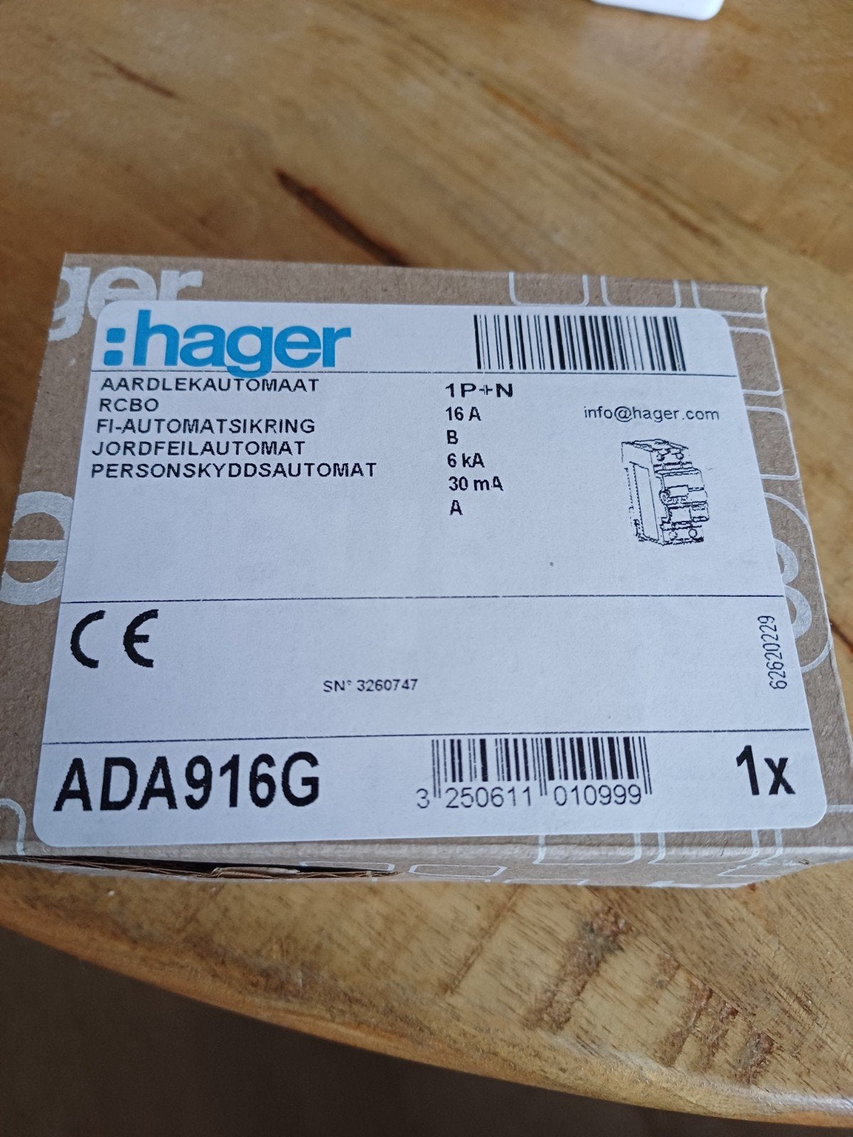 Hager Aardlekautomaat ADA916G 1P+N 16A B 30mA, Ophalen of Verzenden, Nieuw, Hager, Aardlekautomaat