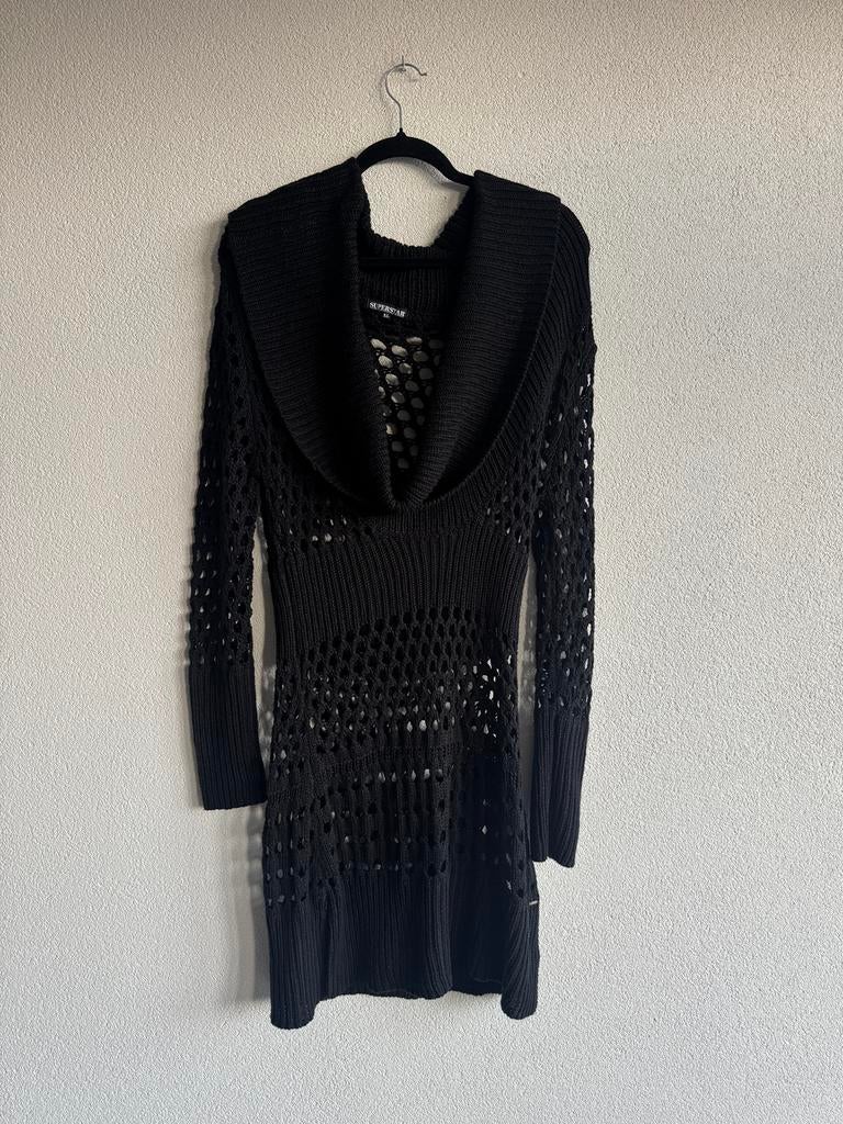 Vintage Y2K zwart gehaakt gebreide jurk met lage hals, Kleding | Dames, Jurken, Vintage, Maat 42/44 (L), Vintage, Ophalen of Verzenden