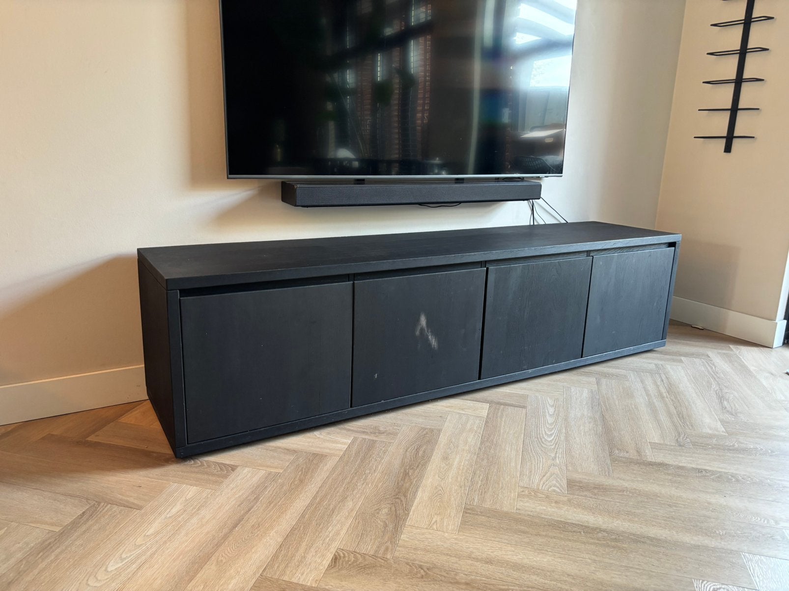 Zwart massief eiken tv meubel - 200x45x50 cm, Ophalen, Gebruikt, Eikenhout, 200 cm of meer