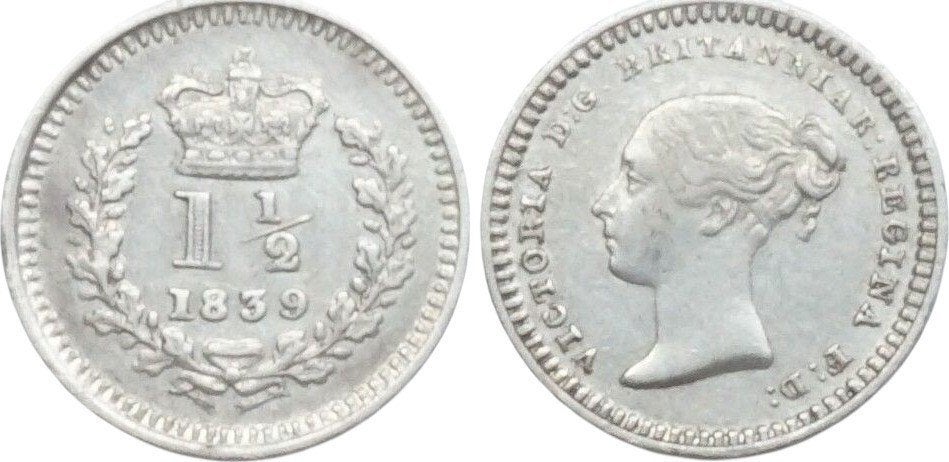 1 1/2 pence 1839, Groot-Brittannie, Victoria, Ophalen of Verzenden, Overige landen, Losse munt, Zilver