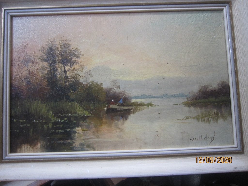 Naar DU CHATTEL, Mooi plasgezicht in mooi lijstje, Ophalen, Olieverf, Maritiem / water, Paneel