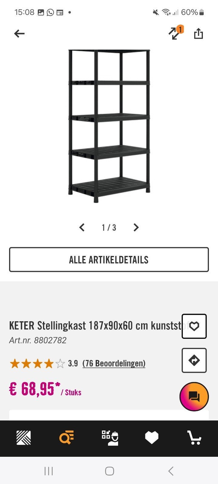 KETER Stellingkast 187x90x60 cm kunststof, Ophalen, Gebruikt