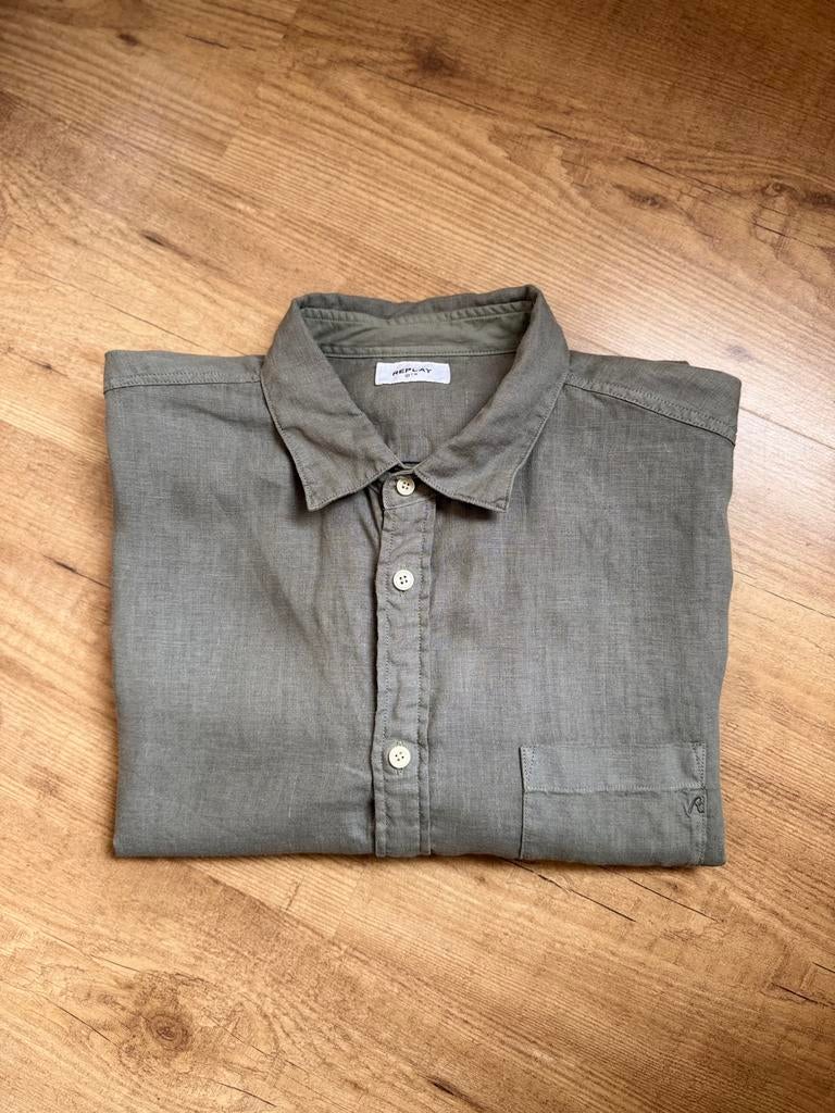 Replay overhemd 100% linnen ~ maat XL, Kleding | Heren, Ophalen of Verzenden, Zo goed als nieuw, Groen, Halswijdte 43/44 (XL)