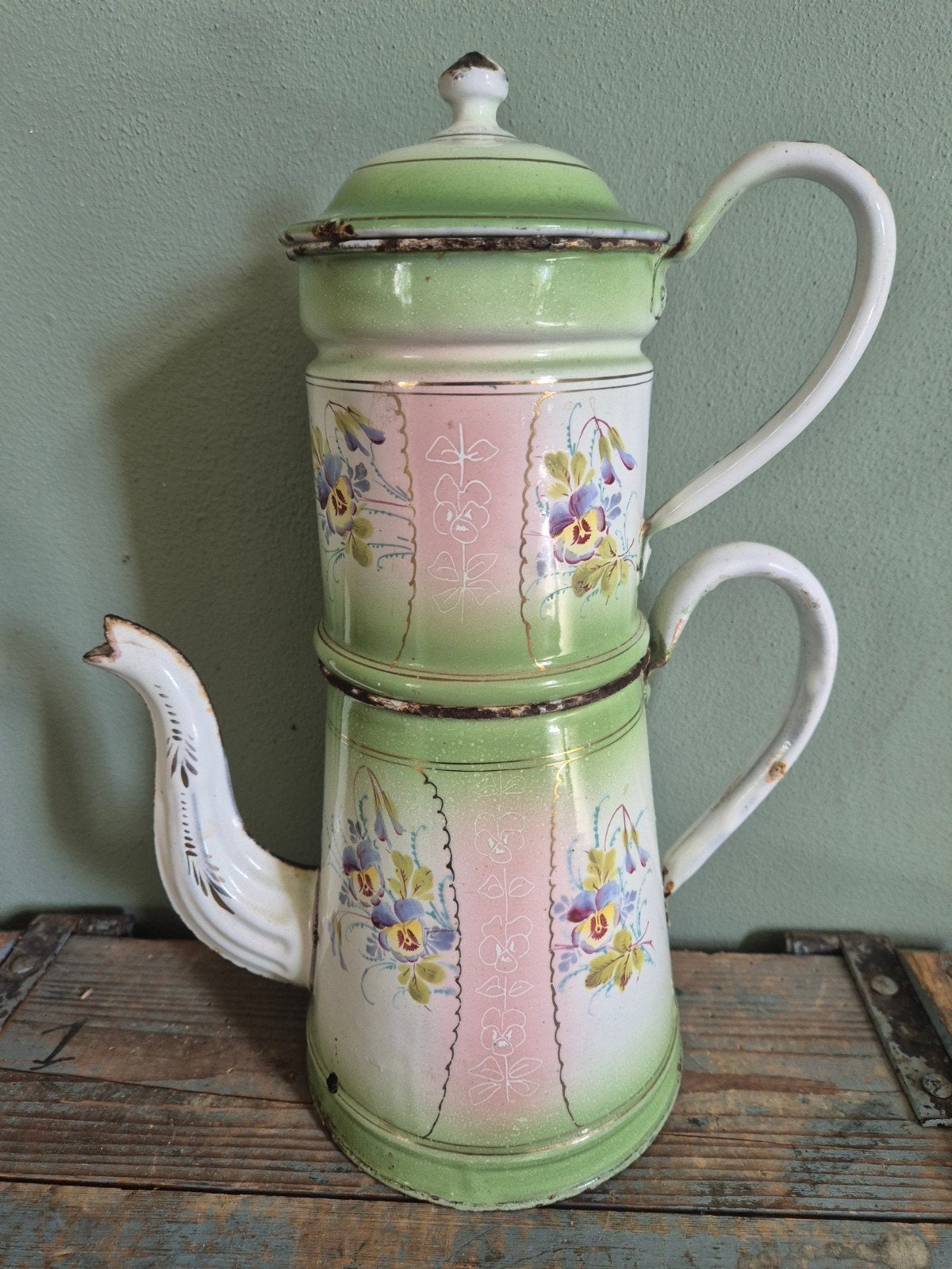 Franse koffiepot roze groen viooltjes, Ophalen of Verzenden