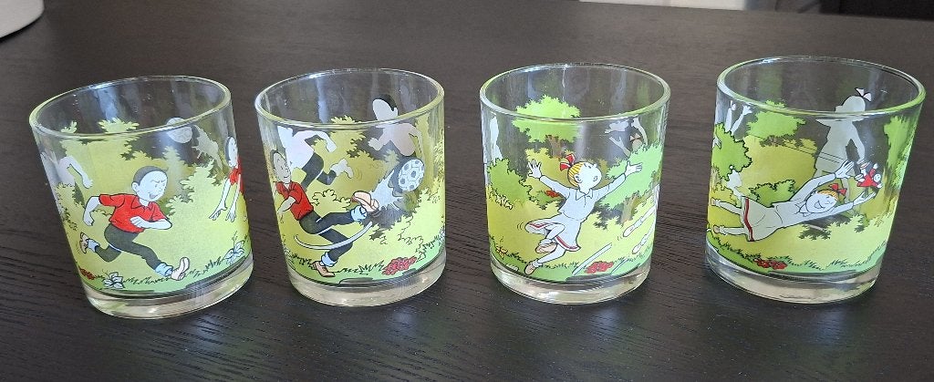 4 glazen voor kinderen van Suske en Wiske, Verzamelen, Ophalen of Verzenden, Gebruikt, Frisdrankglas