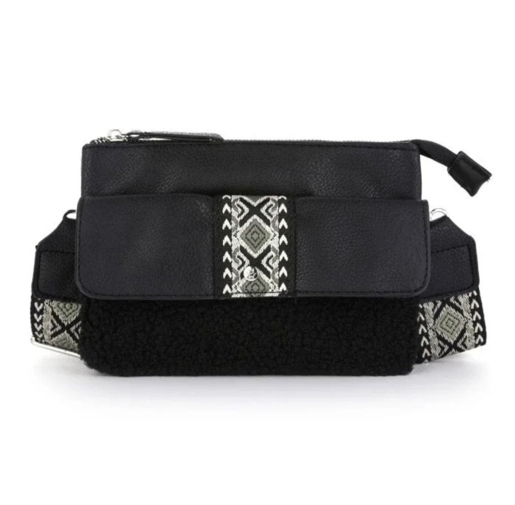 Trendy Schoudertas met Teddy-stof en Aztec-print (advr 146), Ophalen of Verzenden, Nieuw, Zwart, Leer