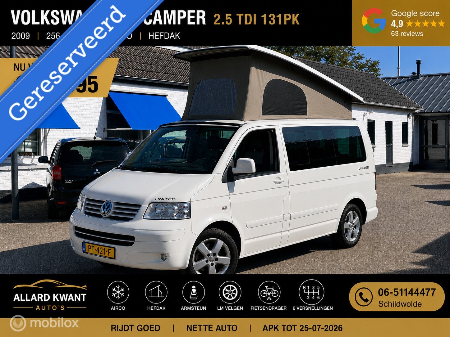 Volkswagen T5 Camper 2.5 TDI 131pk | Hefdak | Airco, Gebruikt, Overige carrosserieën, 2500 kg, Wit