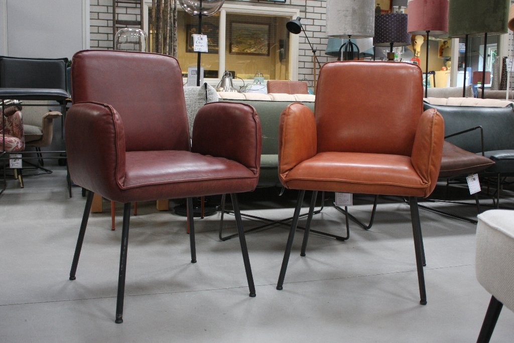2 x luxe eetkamerstoel SHUFFLE Jess leer bruin cognac design, Ophalen, Twee, Bruin, Zo goed als nieuw