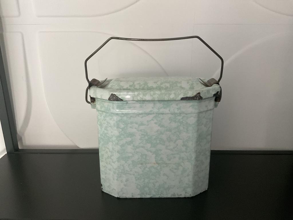 Vintage geëmailleerde lunchbox/broodtrommel, groen gespikkel, Ophalen of Verzenden