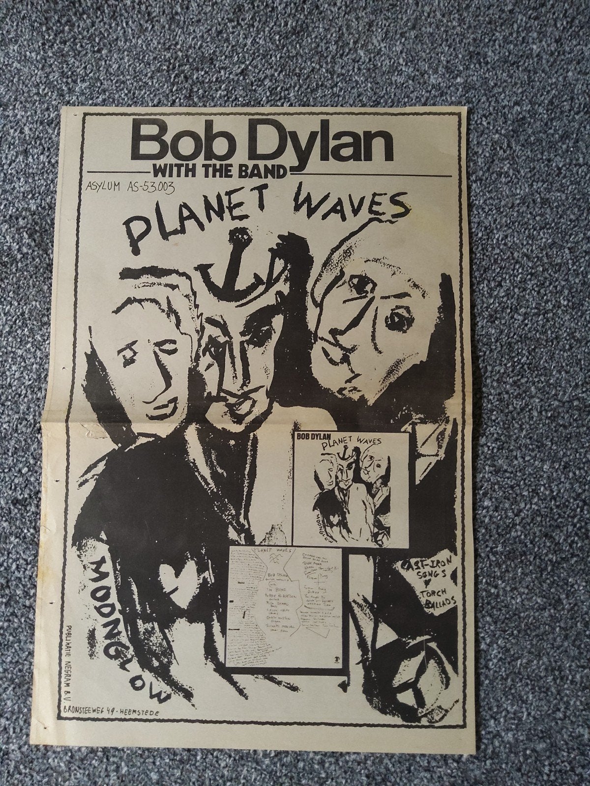 Bob Dylan:  PROMO PLANET WAVES OP A3 FORMAAT, Ophalen of Verzenden, Zo goed als nieuw, Poster, Artwork of Schilderij