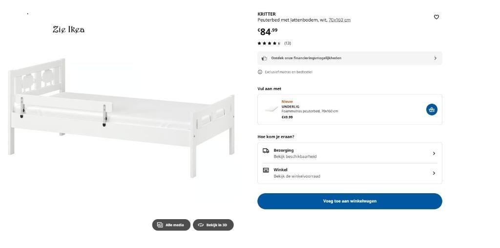 Ikea KRITTER peuterbed + matras + bedrek, 70 tot 85 cm, 140 tot 160 cm, Zo goed als nieuw, Ophalen