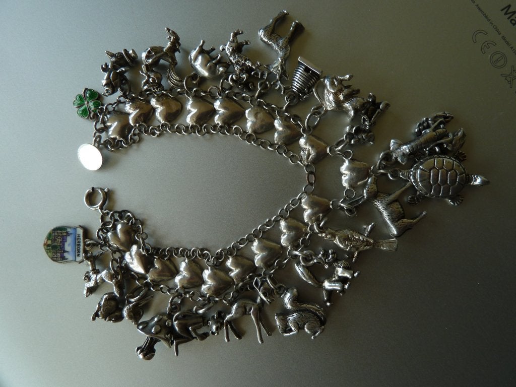 Antieke zilveren bedel armband, 20 bedels, deels beweeglijk, Sieraden, Tassen en Uiterlijk, Antieke sieraden, Verzenden, Zilver
