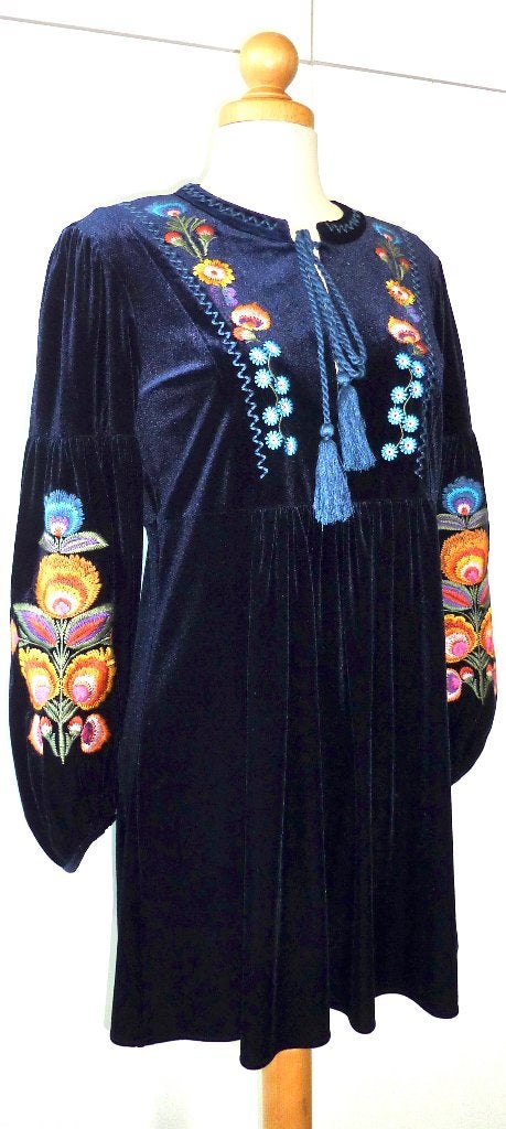 ZARA blauwe tuniek/jurk fluweel met borduurmotieven maat S, Ophalen, Blauw, Zara, Nieuw