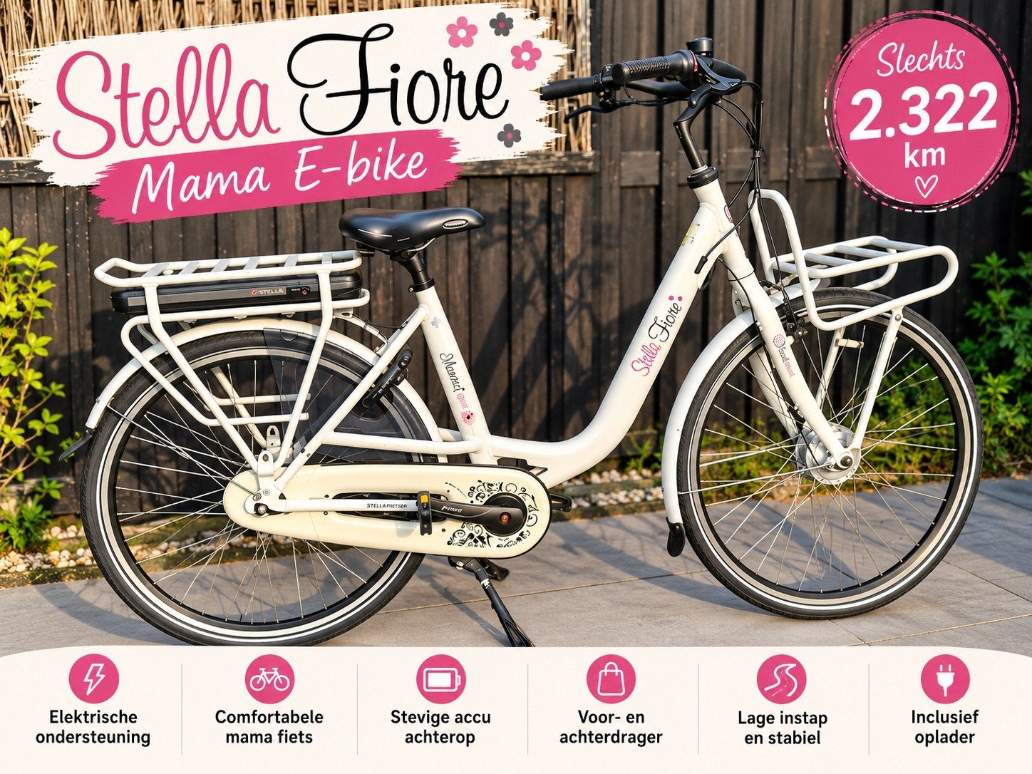 Stella Fiore Mama E-bike | Slechts 2.322 km | Incl. oplader, Gebruikt, Versnellingen, Trommelrem, Ophalen
