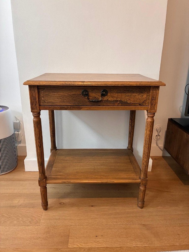 OKA Houten Sidetable / Bijzettafel met Lade en Legplank, Ophalen, Minder dan 55 cm, Gebruikt, Landelijk (Country style)