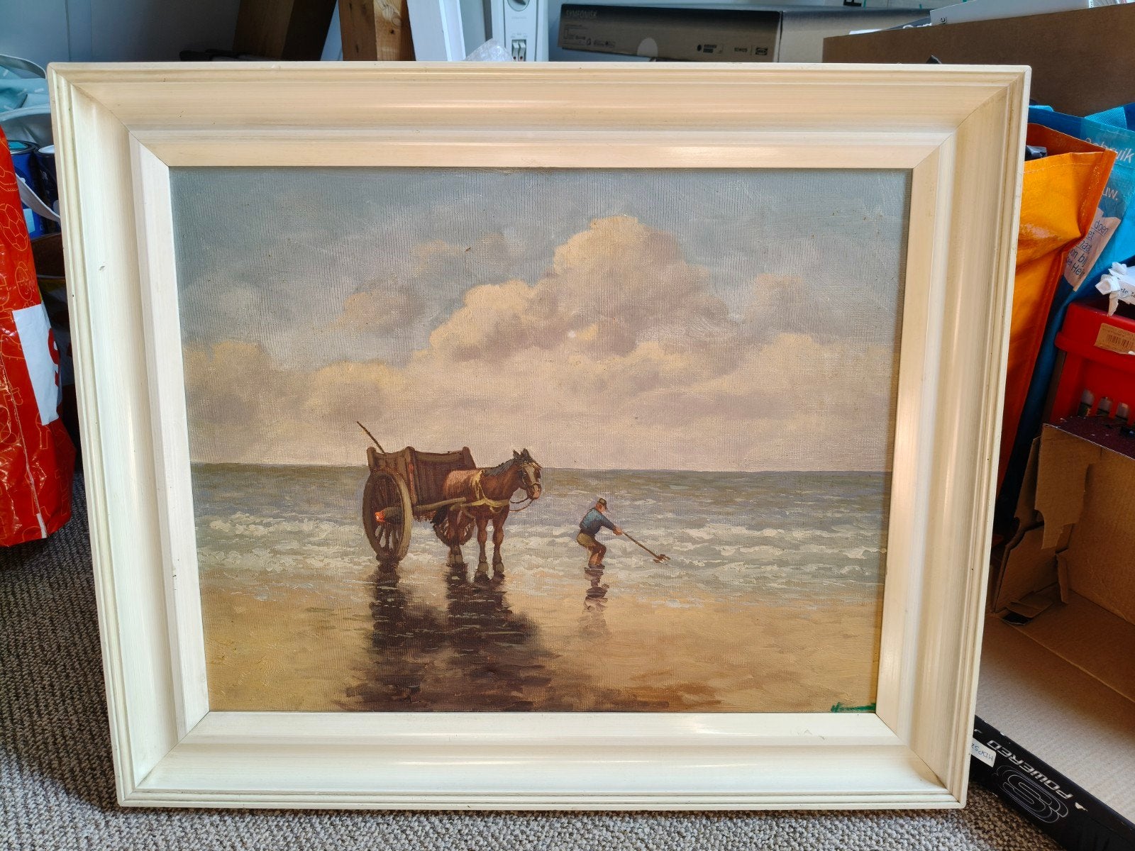 Schilderij met paard en visser aan zee, Ophalen of Verzenden