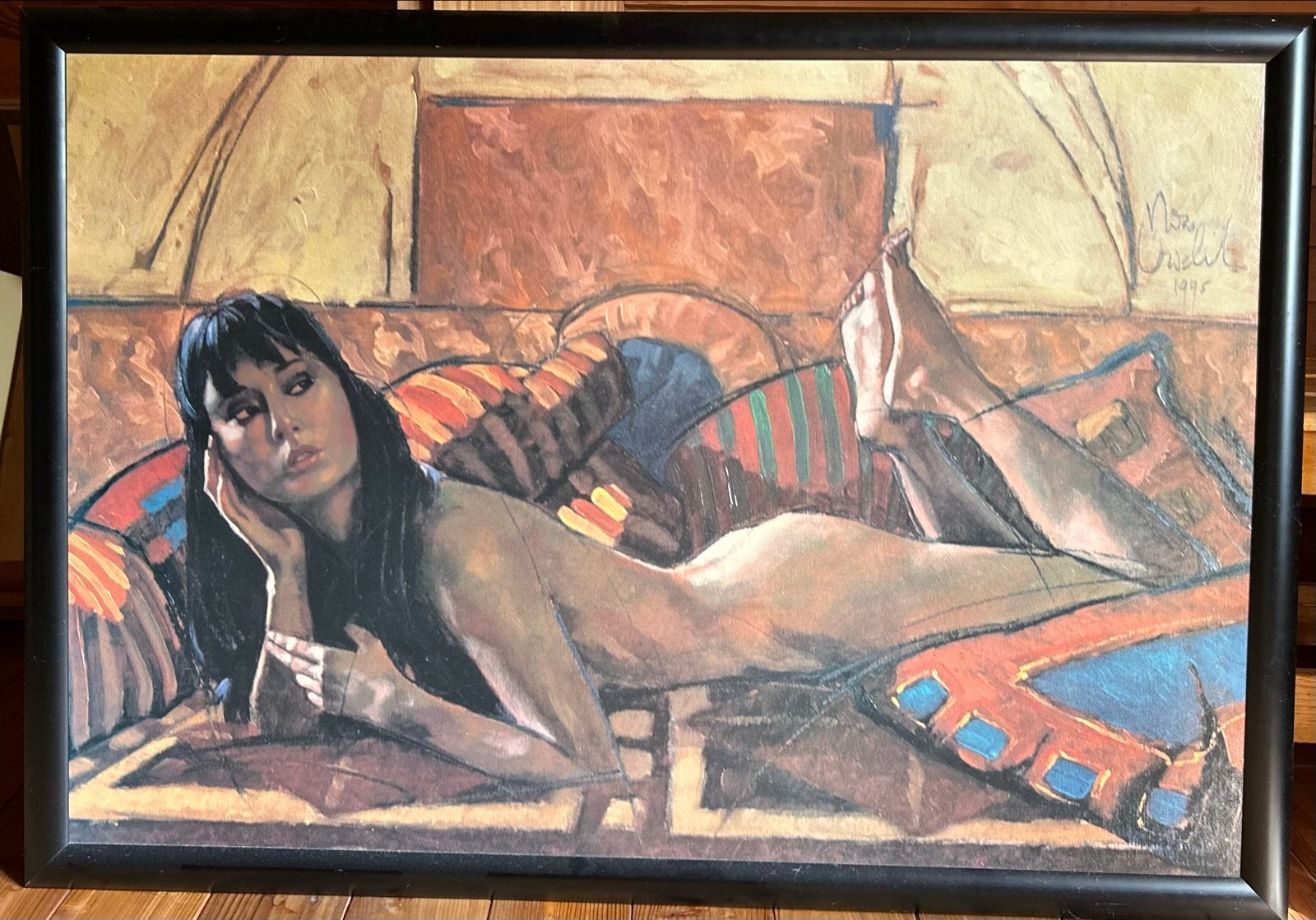 Modern schilderij van liggende vrouw, gesigneerd 1997, Antiek en Kunst, Ophalen, Figuren, Textiel, Gesigneerd