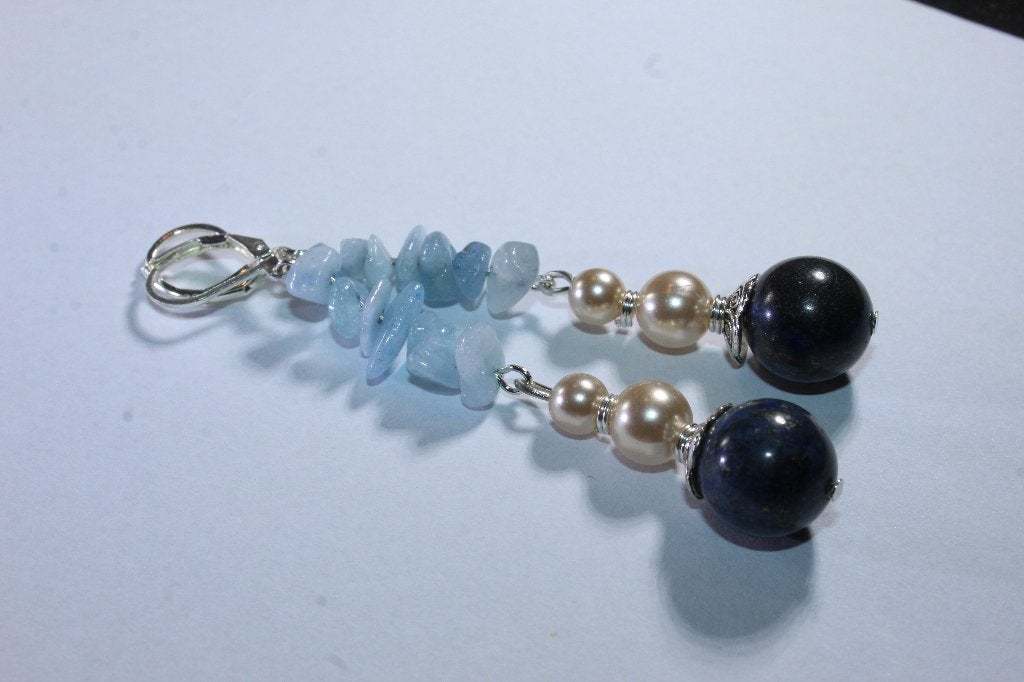 Aquamarijn oorbellen met lapis lazuli natuursteen en parel, Overige materialen, Hangers, Blauw, Nieuw