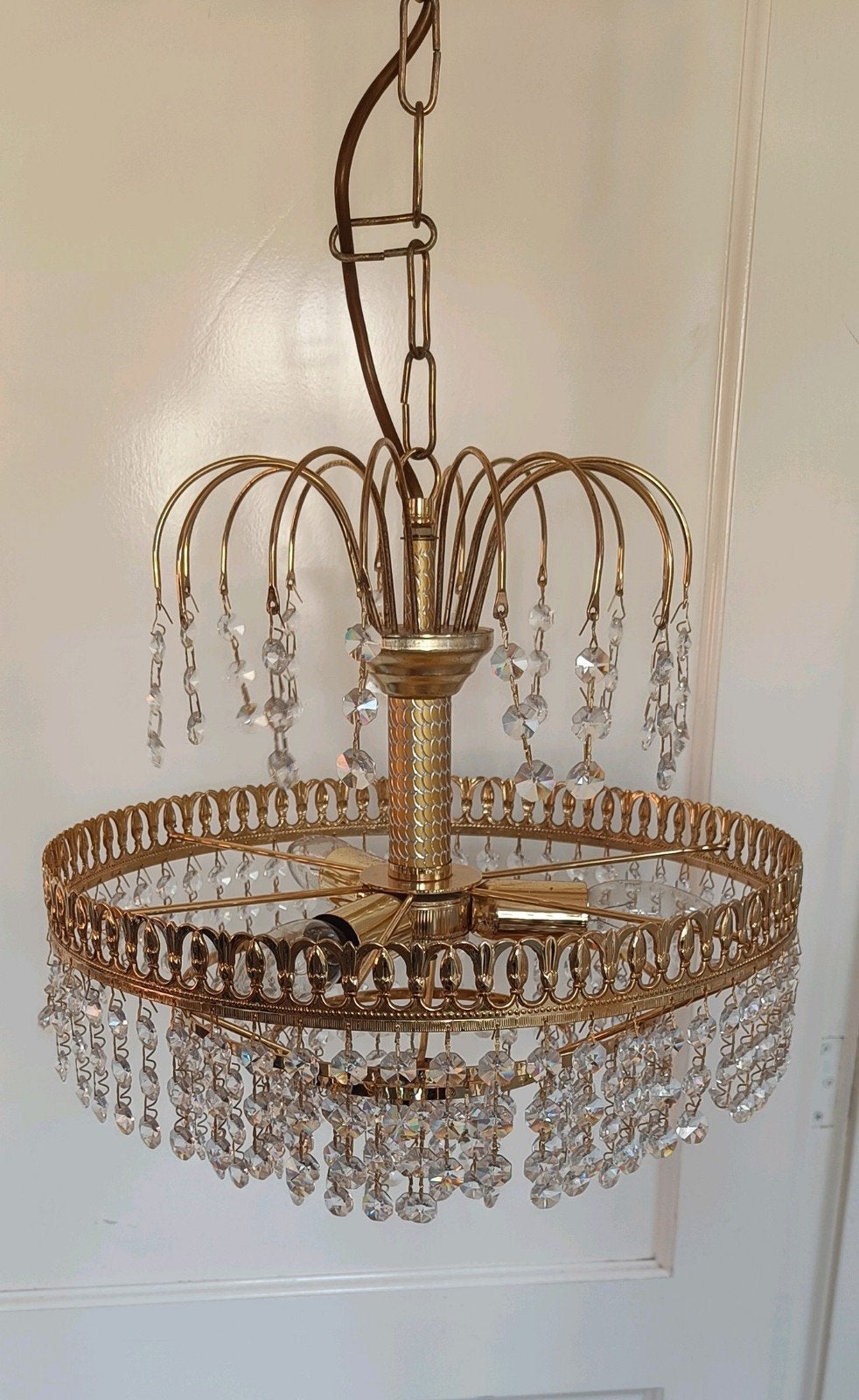 Gouden luchter lamp met kristallen, Ophalen, Gebruikt, E14 (klein), Hollywood Regency