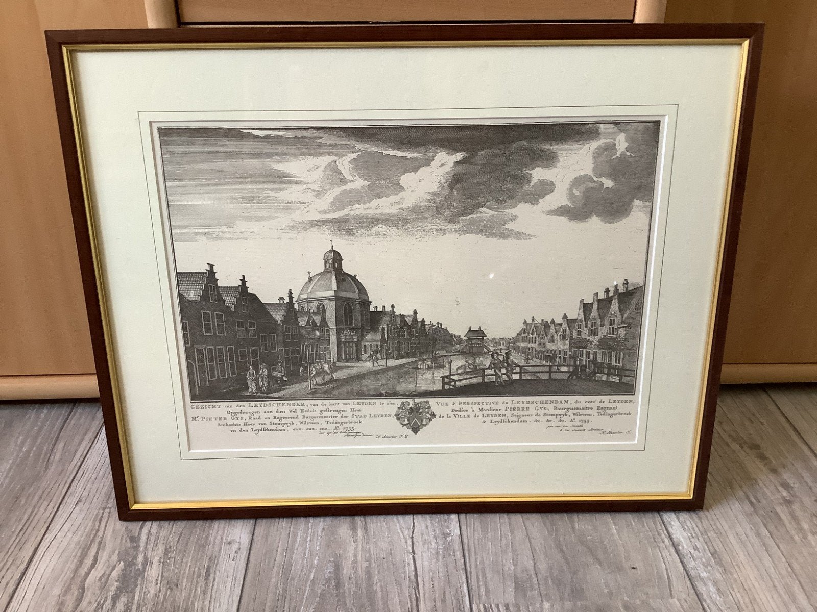 Antieke Gravure: Gezicht op Leidschendam, 18e Eeuw, Antiek en Kunst, Ophalen, Ingelijst, Stadsgezicht, Gravure