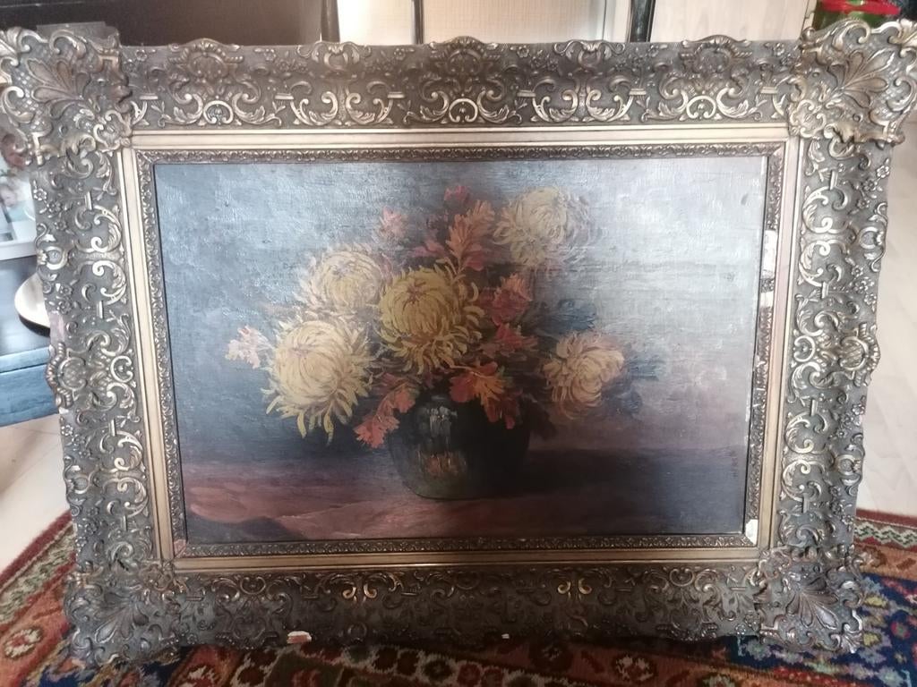 Antiek olieverf schilderij bloemen in vaas, lijst beschadigd, Antiek en Kunst, Ophalen