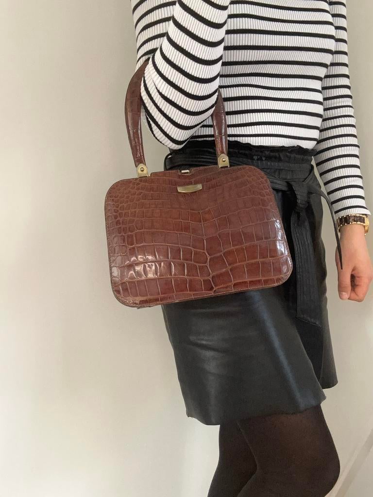 Prachtige Vintage Handtas - Krokodillenleer - Jaren 50/60, Ophalen of Verzenden, Bruin, Handtas