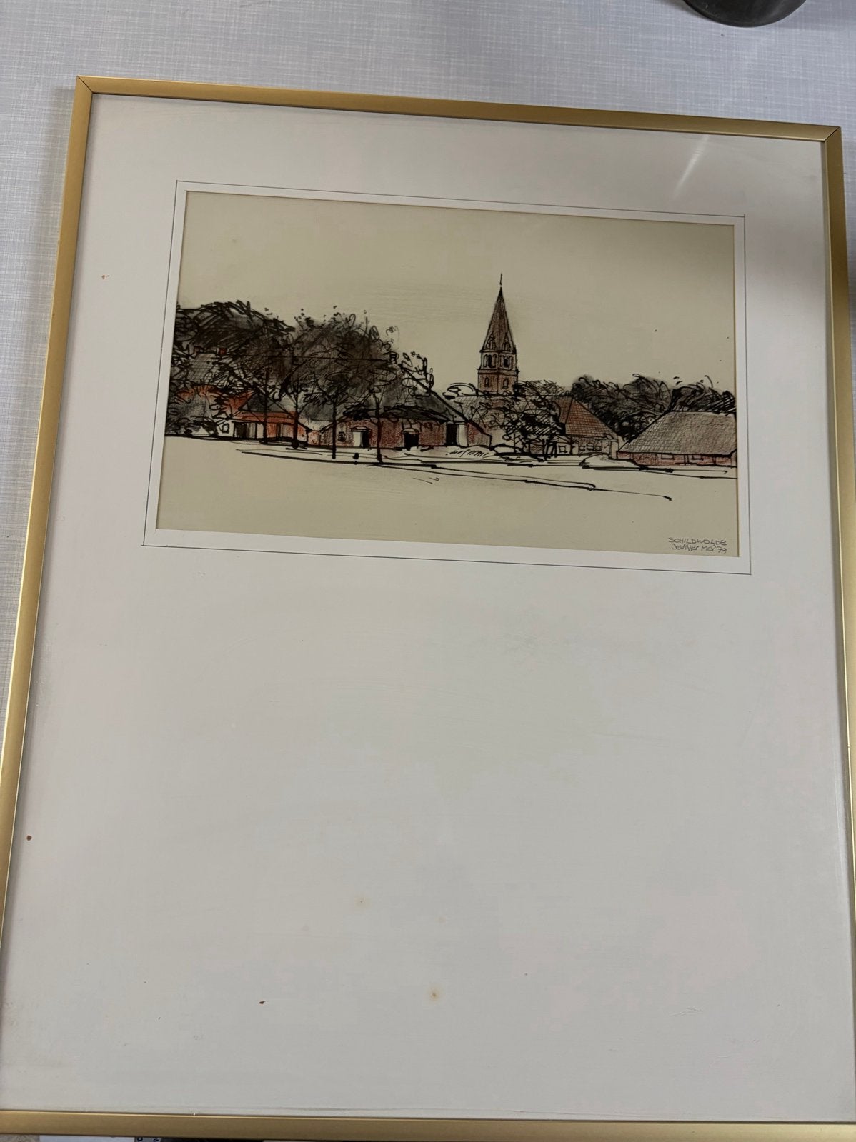 Ingelijste tekening van Schildwolde door De Visser Mei '79, Ophalen of Verzenden