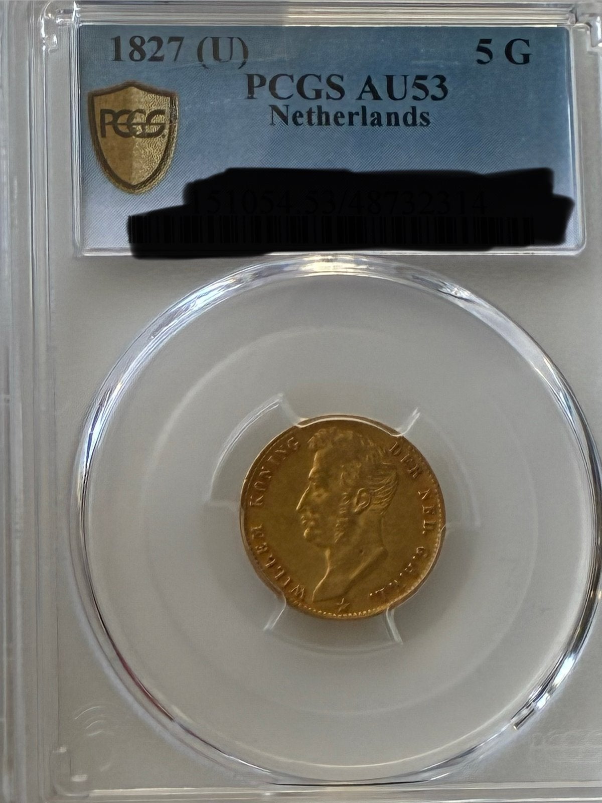 5 gulden goud 1827 U | geslabt door NGC in AU53, Ophalen of Verzenden, Koning Willem I, Goud