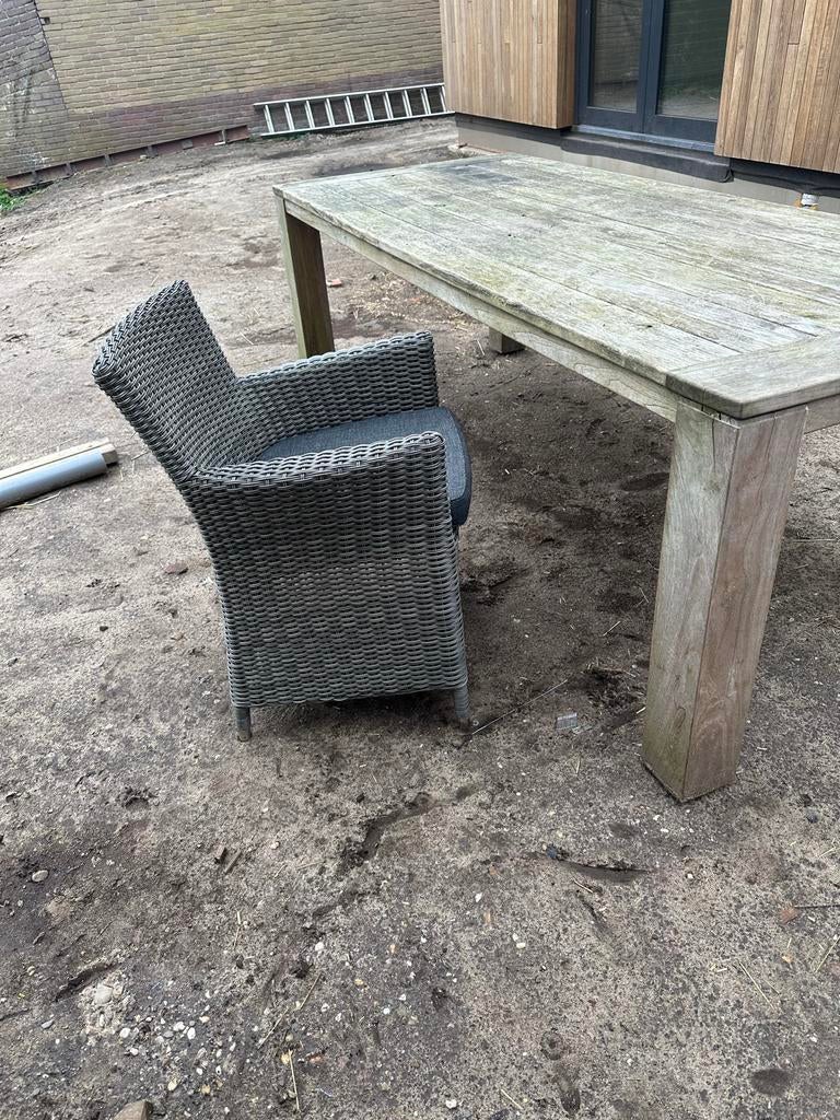 Robuuste Teakhouten Tuintafel met Wicker Stoelen 6 Stuks!, Tuin en Terras, Tuintafels, Ophalen of Verzenden, Gebruikt, Rechthoekig