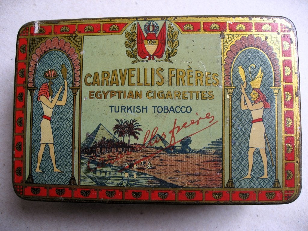 Vintage blik Caravellis Frères jaren 20, Turkse tabak, Ophalen of Verzenden, Gebruikt, Overige, Overige merken