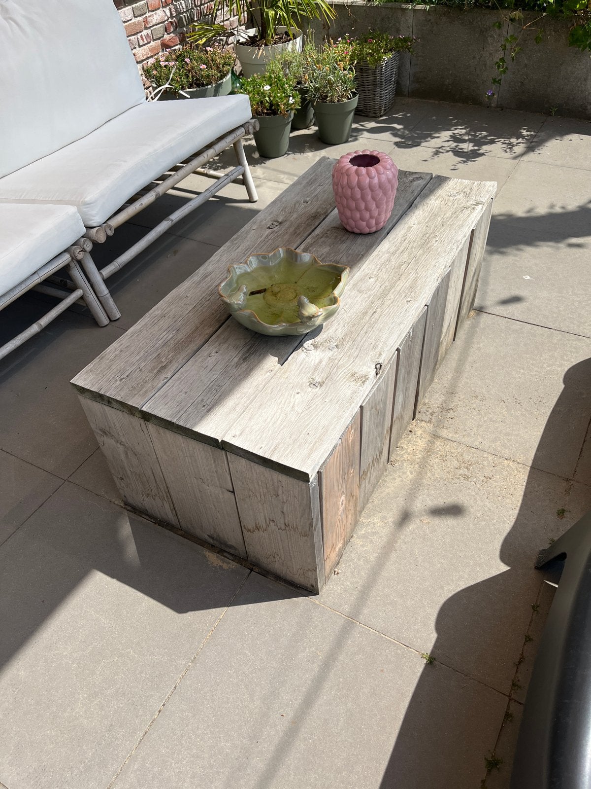 Robuuste steiger houten salontafel voor buiten, Ophalen, Gebruikt, 100 tot 150 cm, 50 tot 100 cm