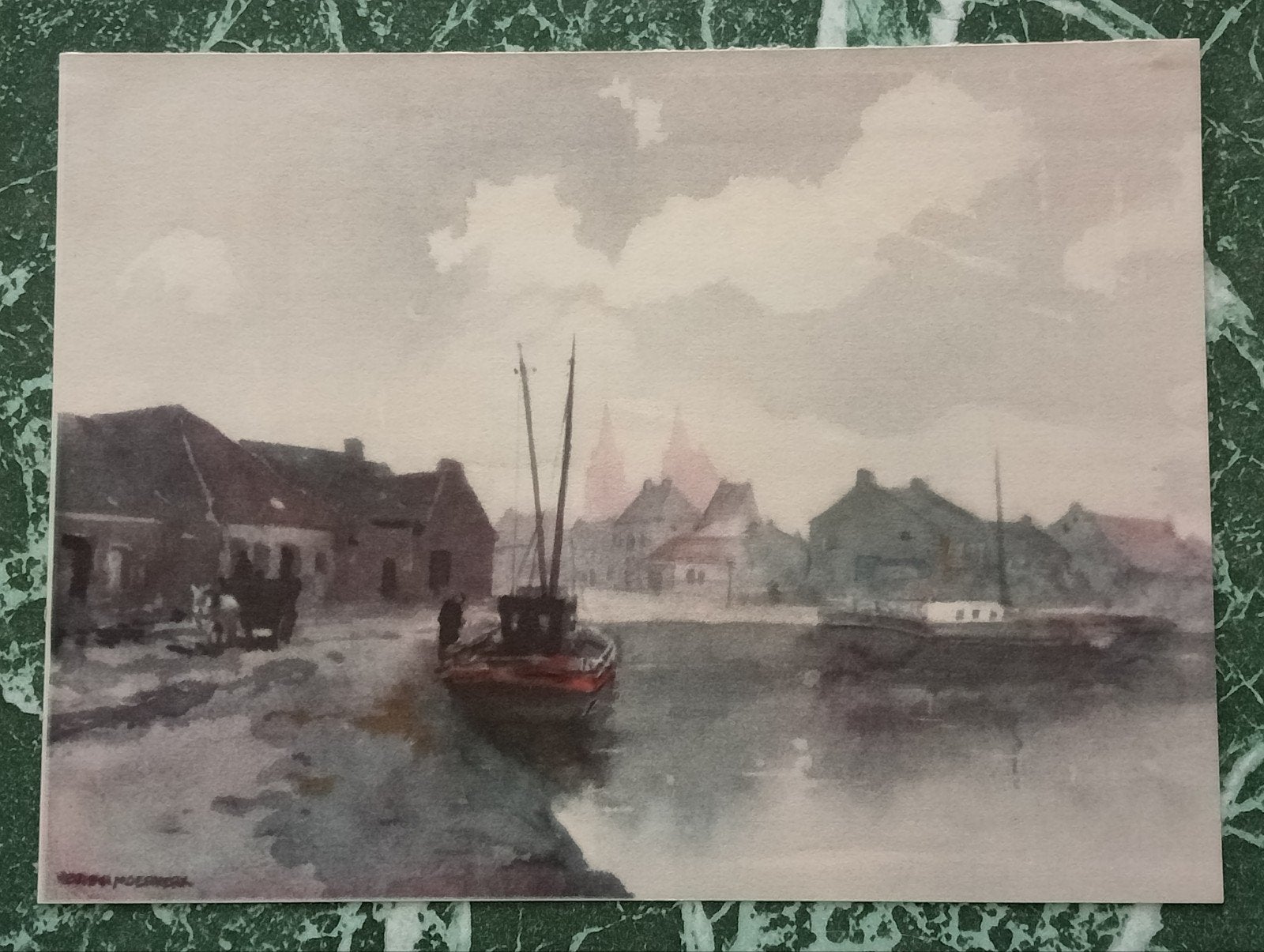 Herman Moerkerk prent 1934 Havengezicht, Ophalen of Verzenden, Voor 1940, Gebruikt