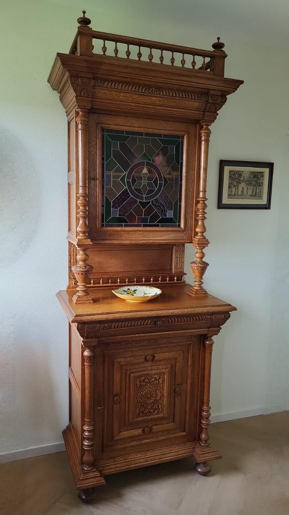Antieke Eiken Buffetkast met Glas-in-lood, Antiek en Kunst, Ophalen