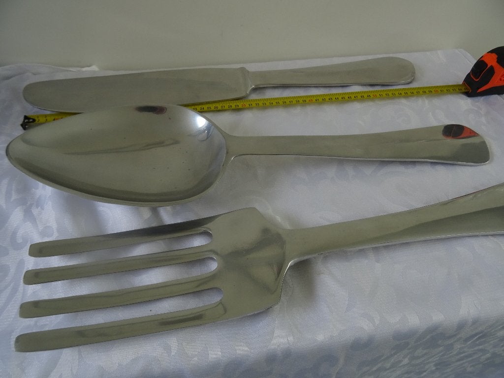 Groot bestek lepel vork mes wanddecoratie aluminium horeca, Huis en Inrichting, Metaal, 58 cm, Decoratieobject, Ophalen of Verzenden
