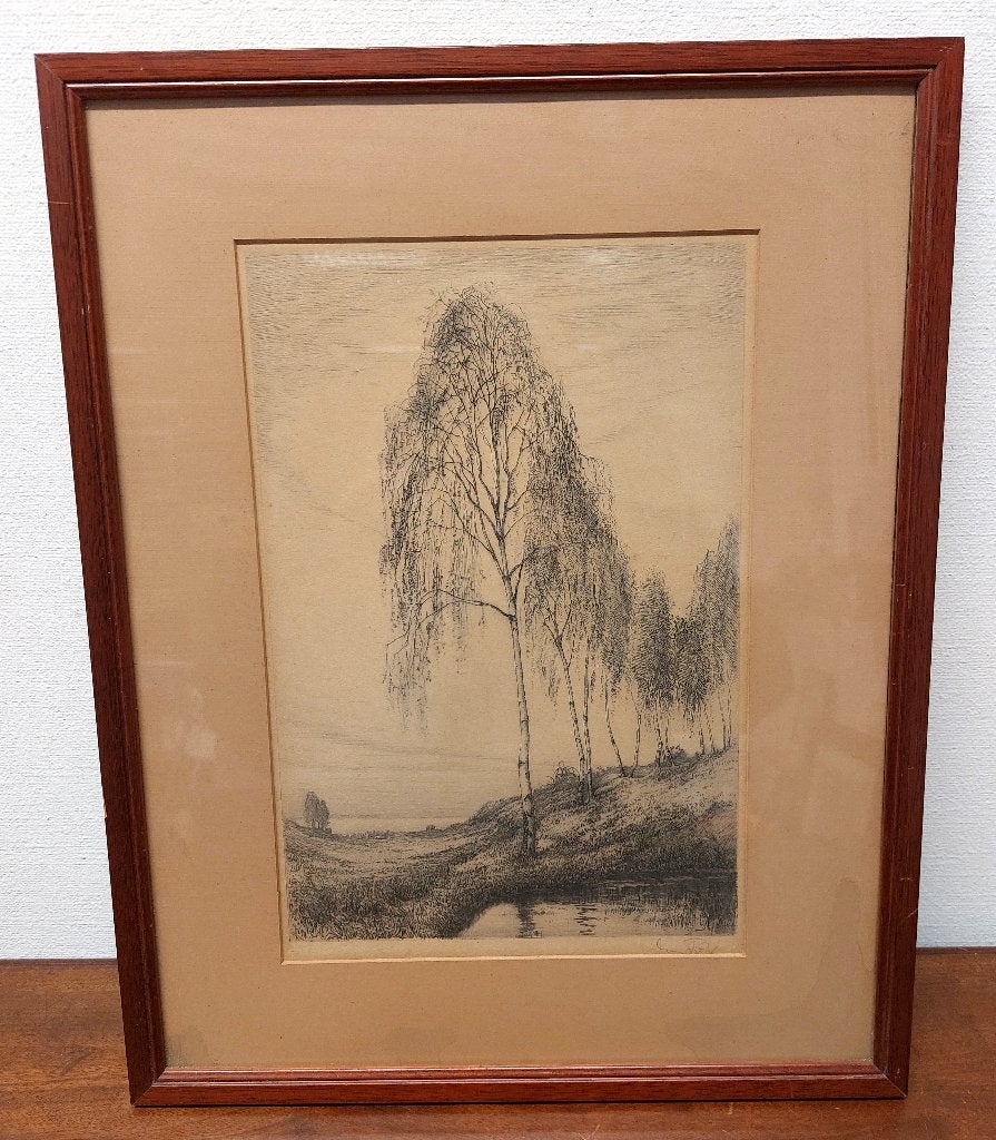 Ingelijste ets met berkenbomen – gesigneerd, Ingelijst, Ets, 35 cm, Ophalen of Verzenden