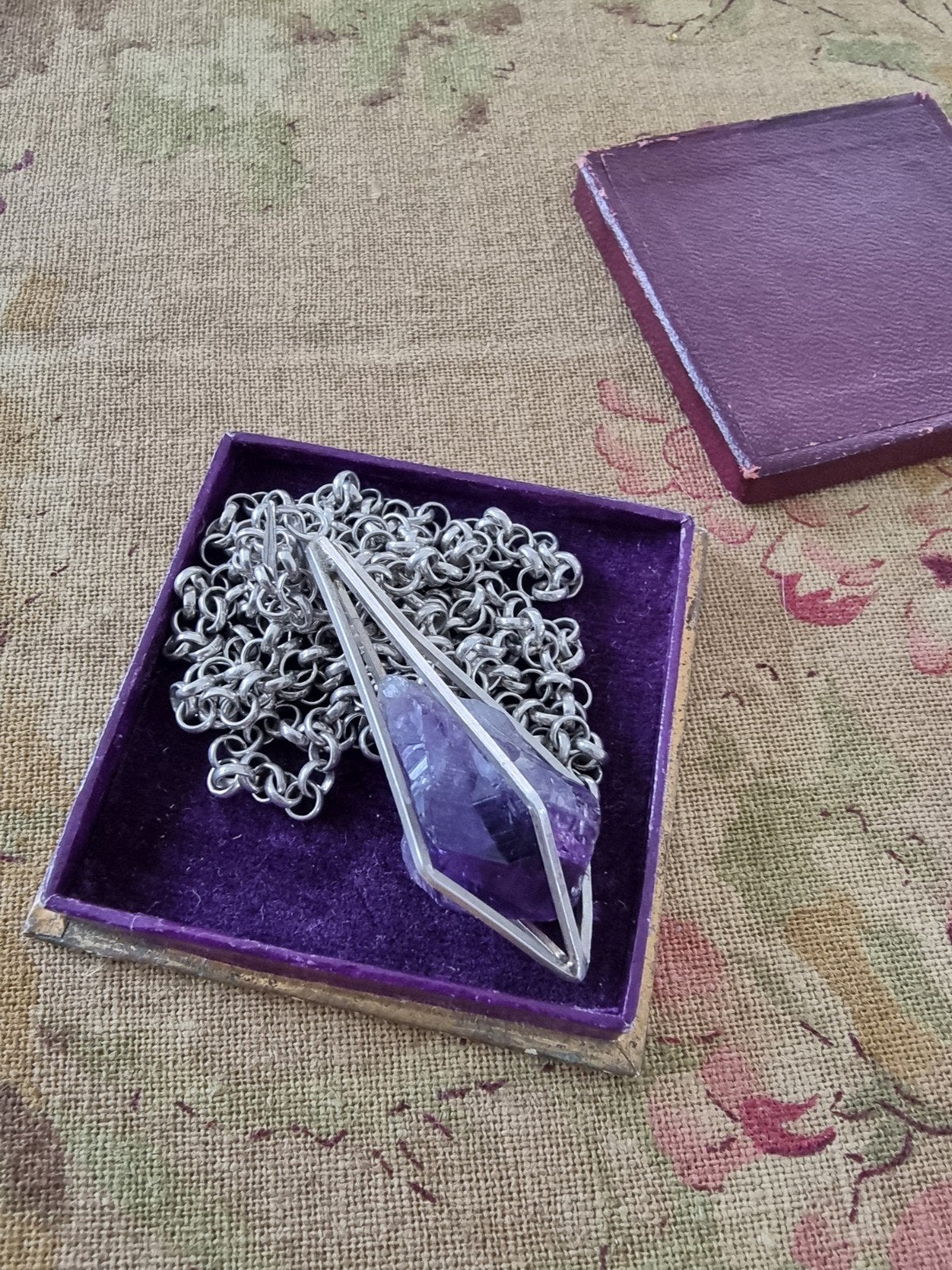 Zilveren lange jasseron ketting met hanger met amerhist, Verzenden, Zo goed als nieuw, Zilver, Zilver